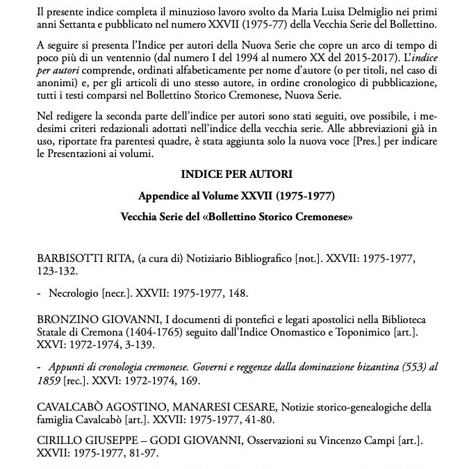 Indici Bollettino Storico Cremonese